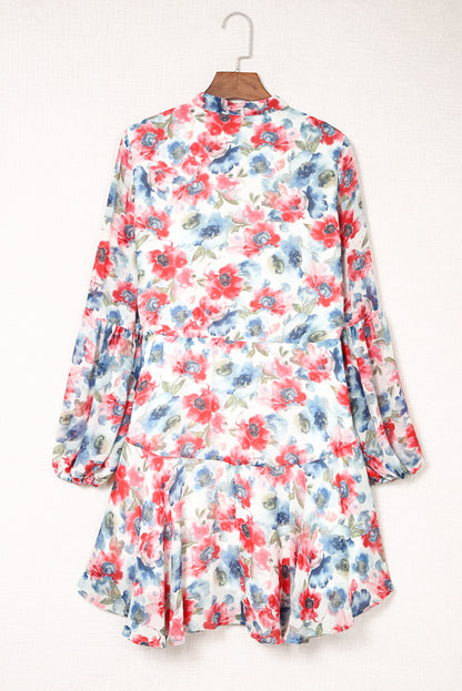 Vintage Floral Print Drawstring Flowy Dress | Sky Blue