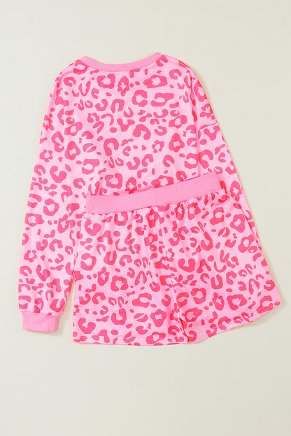 Leopard Long Sleeve Satin Tie Shorts Two Piece Set | Pink