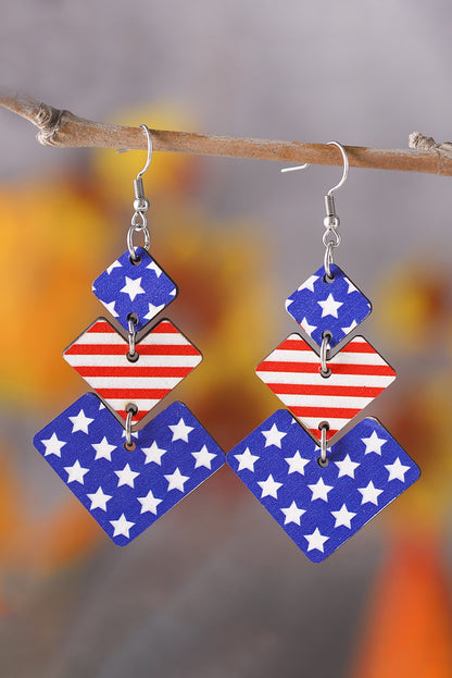 Geometric Wooden Star Stripe Flag Dangle Earrings | Dark Blue