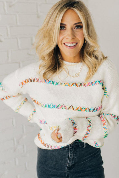 Colourful Crossed Stitch Drop Shoulder Sweater | White