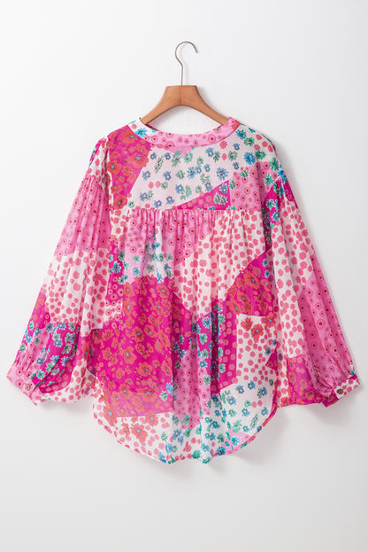 Floral Allover Print Buttoned V Neck Oversized Shirt | Rose Red