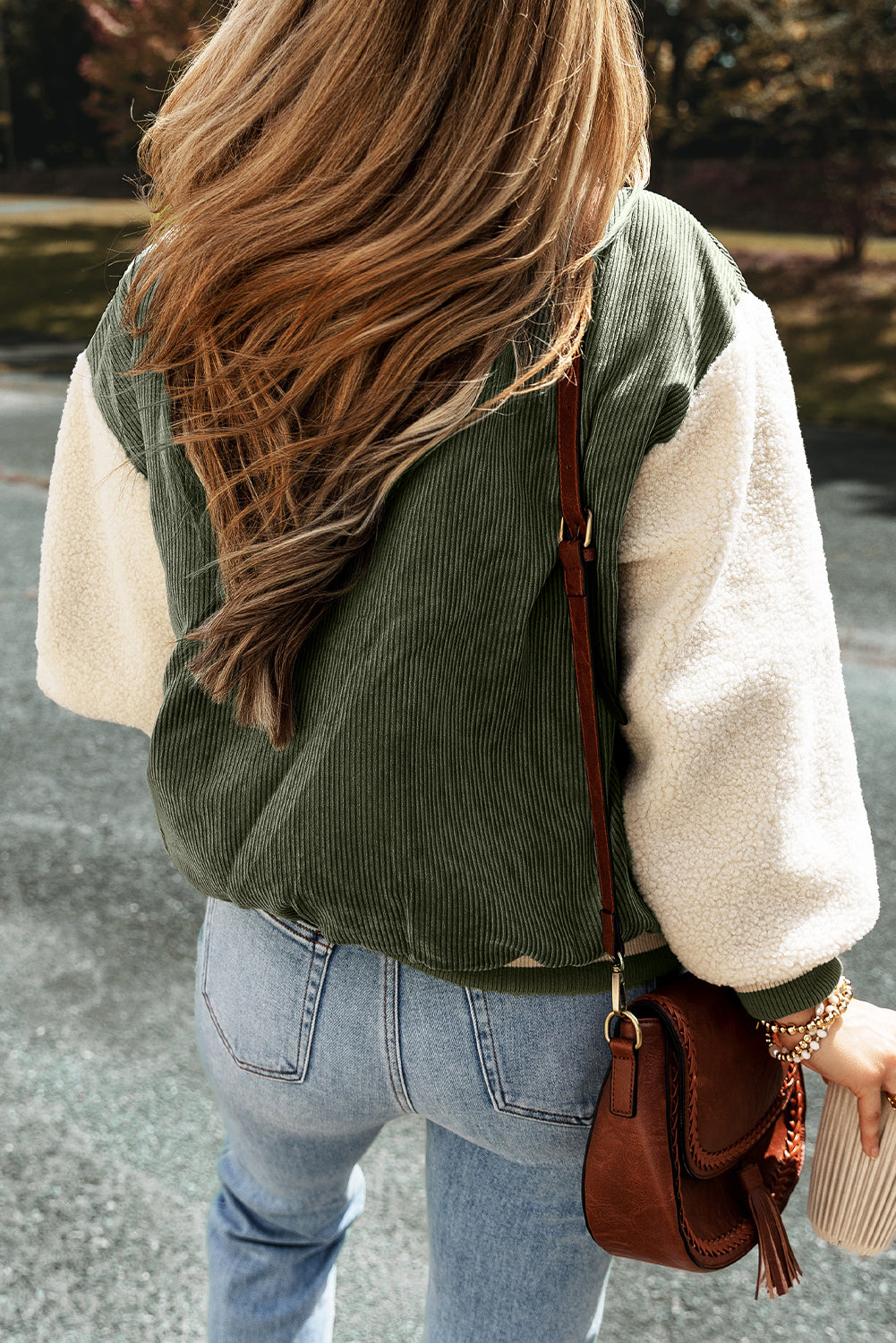 Corduroy Fleece Patchwork Buttoned Bomber Jacket | Mist Green