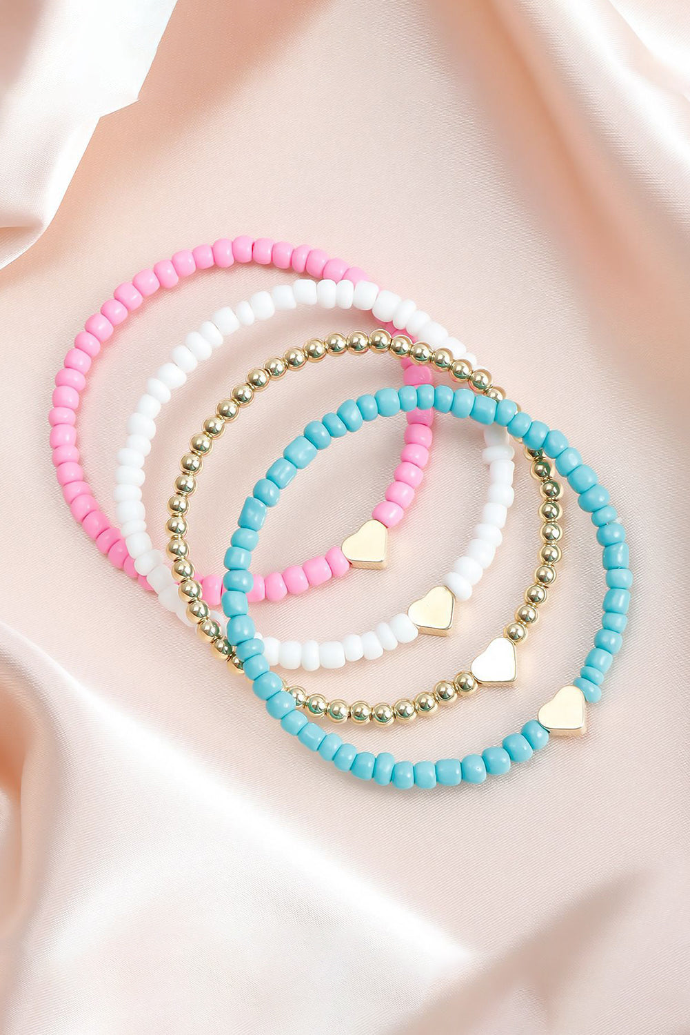 Heart Beaded Multi Layered Bracelet Set | Pink