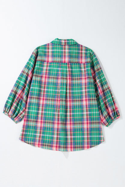 Checkered 3/4 Sleeve Collared Loose Fit Shirt | Green