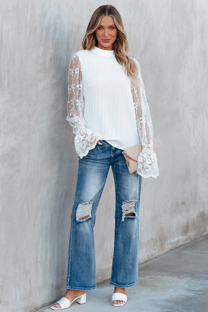 Contrast Lace Sleeve Mock Neck Textured Blouse | White