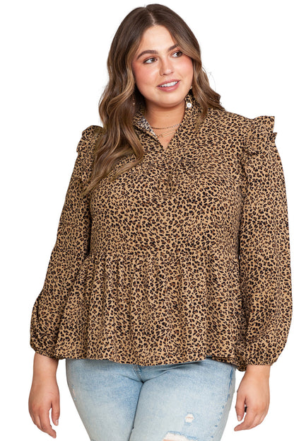 Frilled Shoulder Decor Plus Size Babydoll Top | Leopard