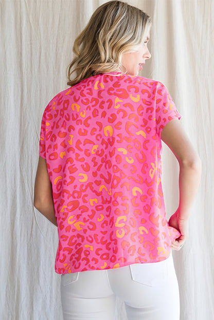 Leopard V Neck Short Sleeve Blouse | Pink