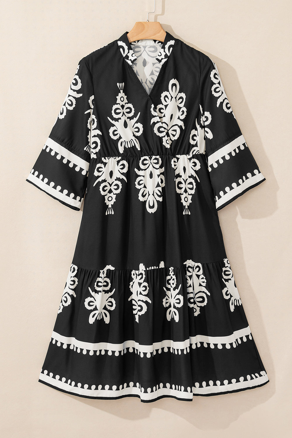 Western Geometric Print 3/4 Sleeve Loose Midi Dress | Black