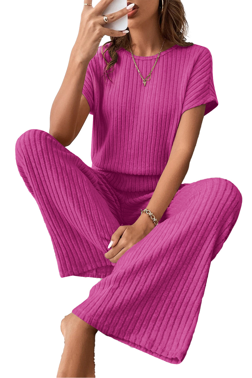 Solid Colour Ribbed Short Sleeve Wide Leg Jumpsuit | Rose Red