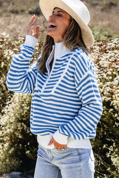 Zip Up Collar Drop Shoulder Sweater | Sky Blue Stripe