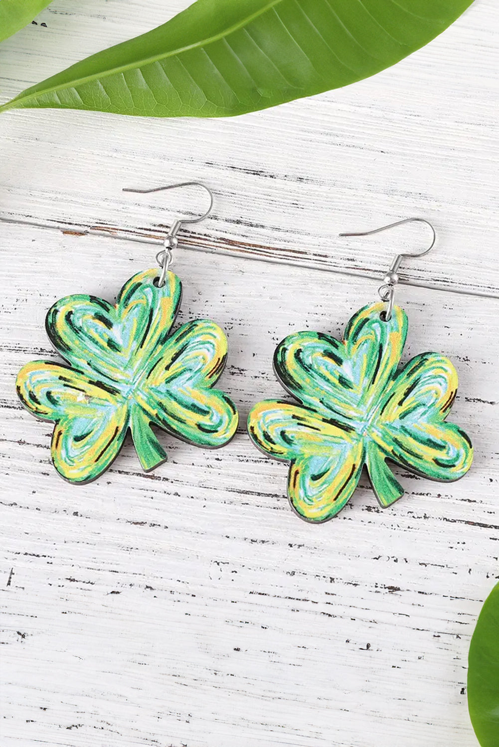 St. Patrick Painted Shamrock Shape Drop Earrings | Light Green