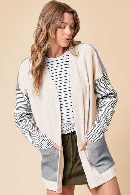 Colourblock Patchwork Open Front Cardigan With Pocket | Black Stripe