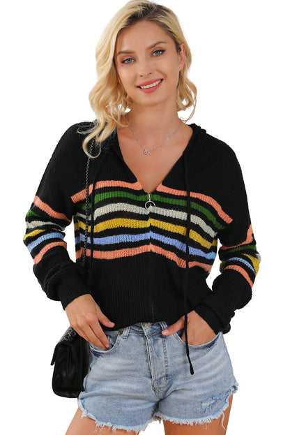 Striped Detail Zip Up Hooded Sweater Cardigan | Black