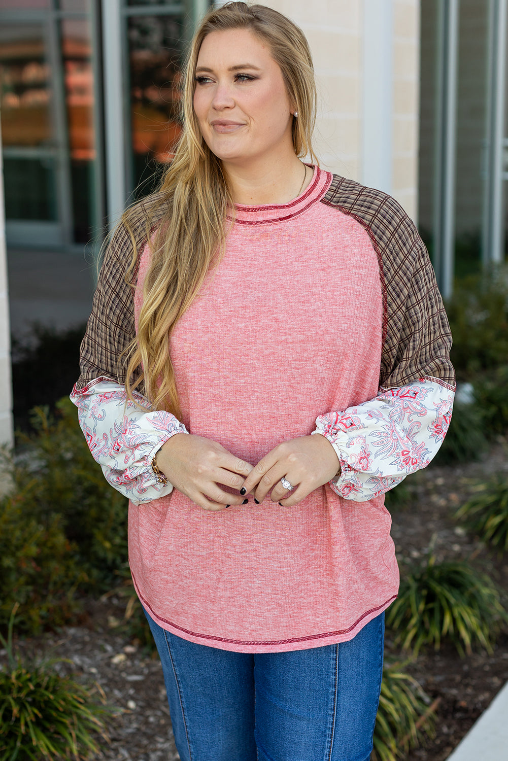 Checkered Paisley Patchwork Raglan Sleeve Seamed Plus Size Top | Pink