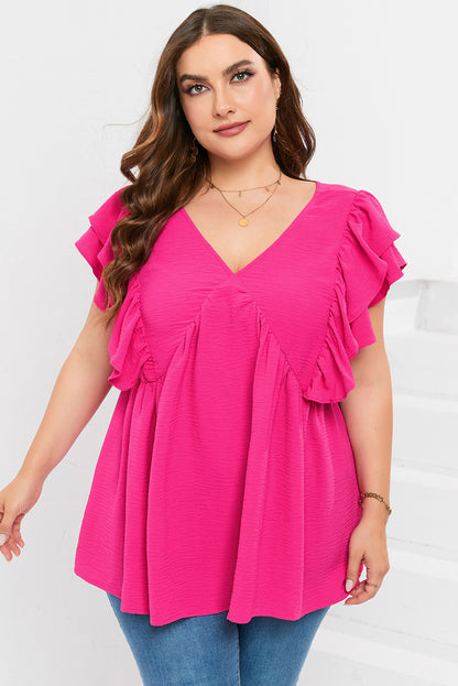 Plus Size Ruffle V Neck Tie Back Tunic Top | Pink