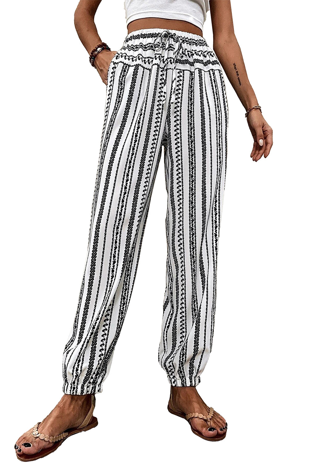 Boho Striped Print Casual Pants | Black Stripe