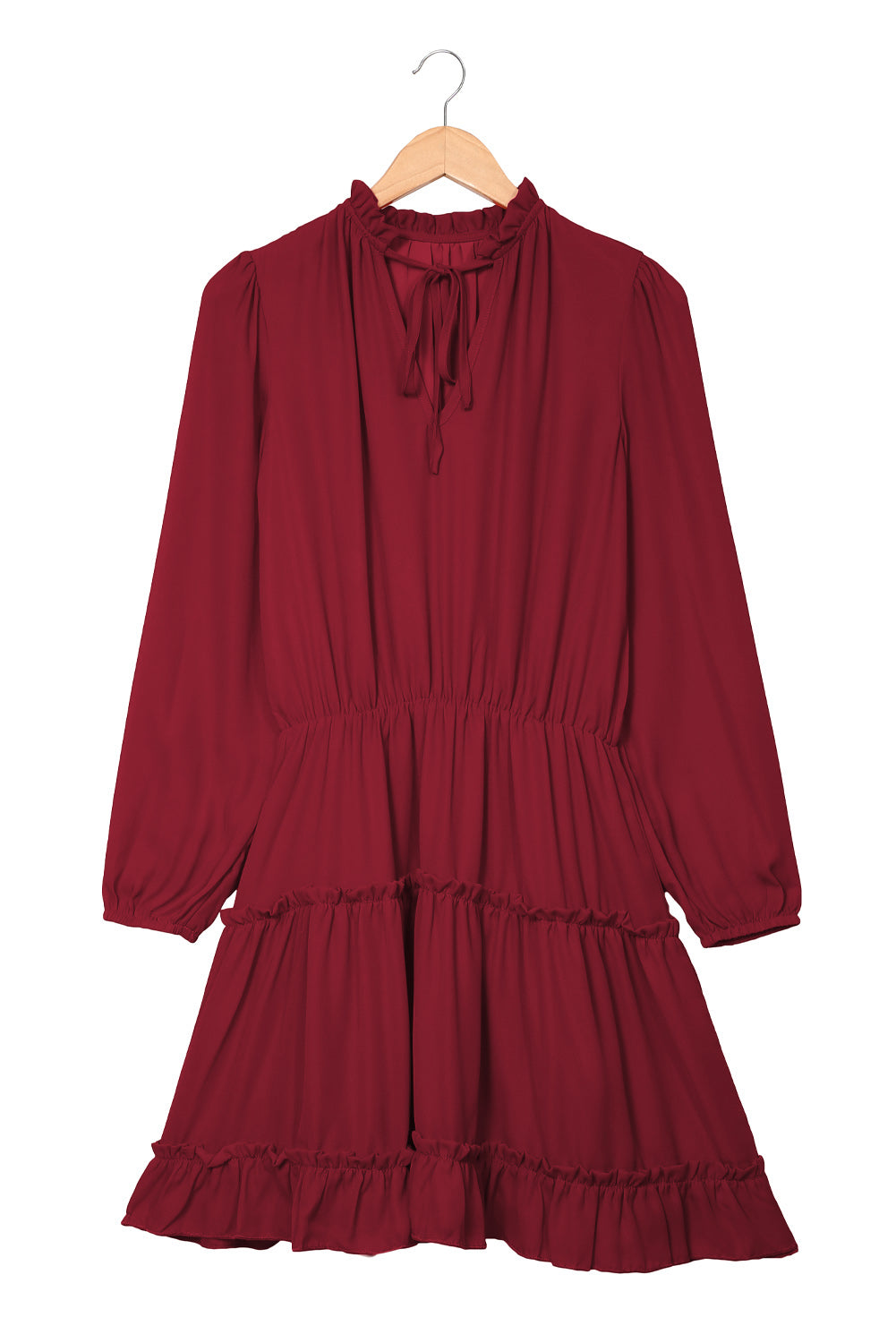 V Neck Long Sleeve Ruffle Tiered Mini Dress | Red