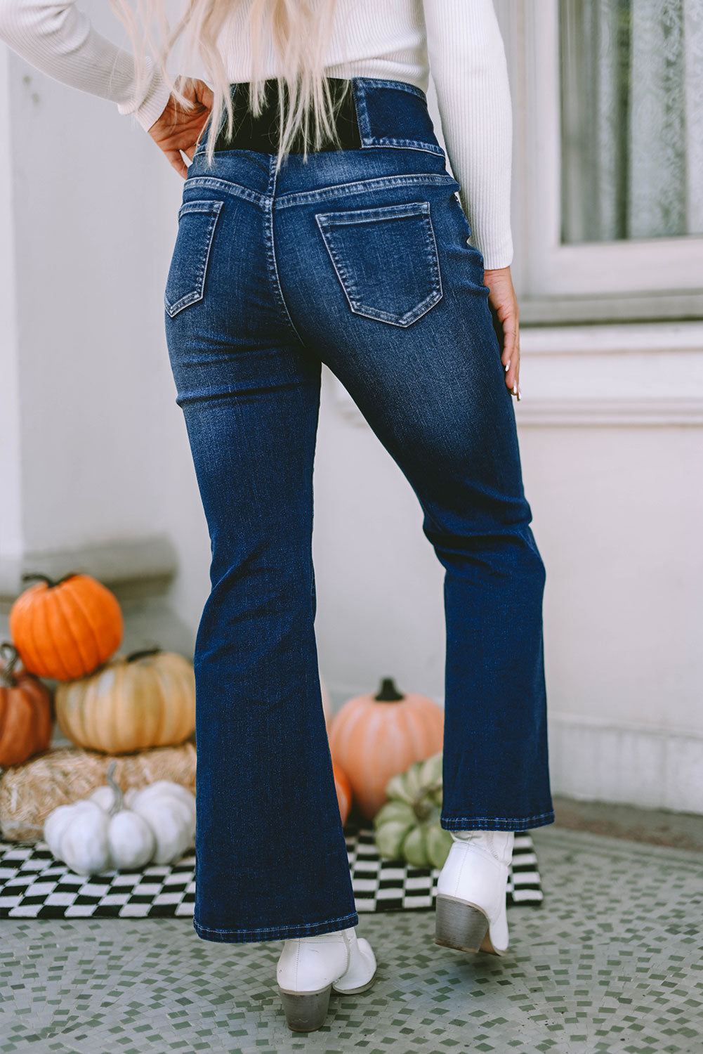 Buttons Elastic Wide Waistband Back Flare Jeans | Blue