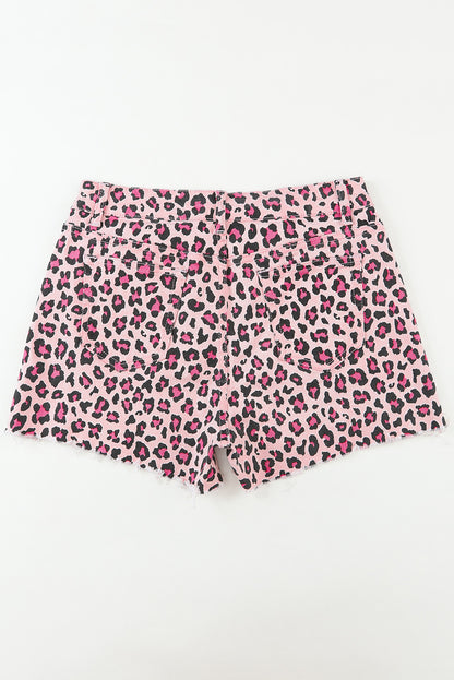 Leopard Print Raw Hem Denim Shorts | Pink