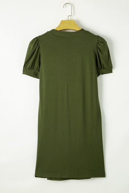 Notched Neck Pleated Puff Sleeve Shift T-Shirt Dress | Fern Green