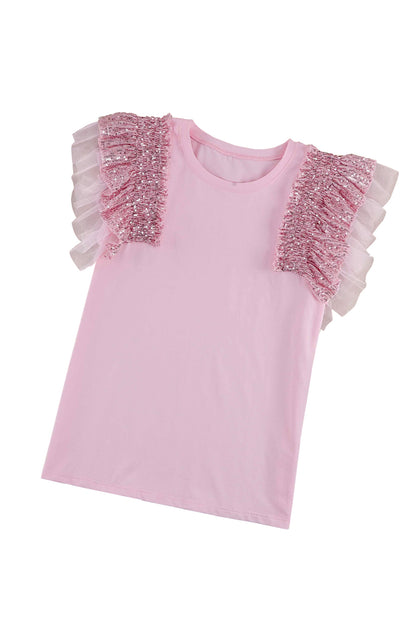 Sequined Ruffle Mesh Sleeves Top | Pink