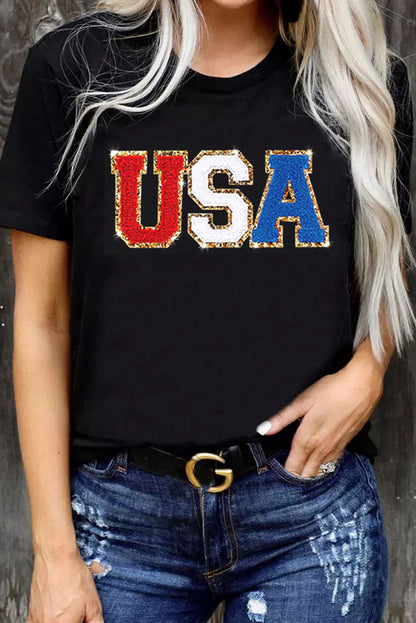 Glitter Trim Chenille Usa Graphic T Shirt | Black