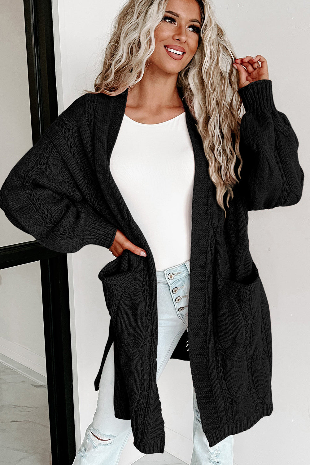 Ribbed Trim Eyelet Cable Knit Cardigan | Black