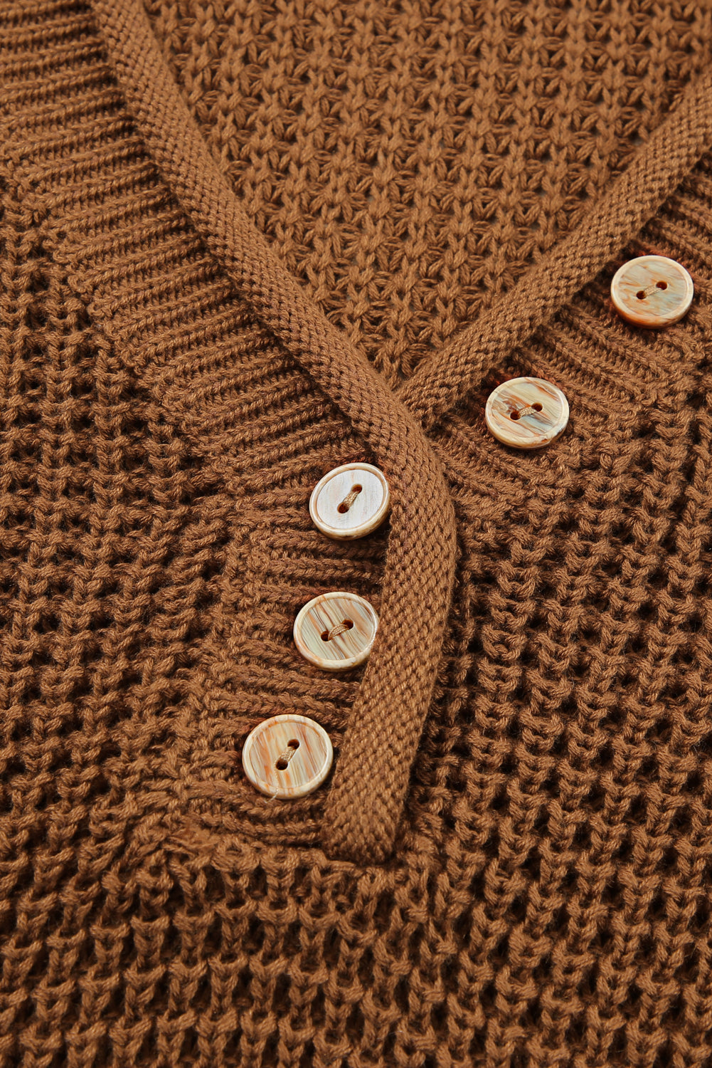 Pointelle Knit Button V Neck Drop Shoulder Sweater | Coffee