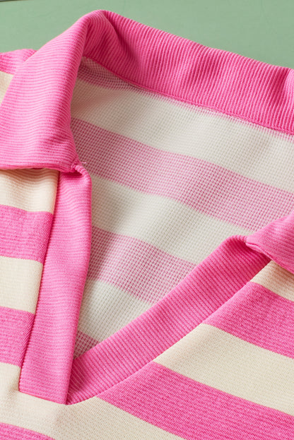 V Neck Collared Cap Sleeve Top | Pink Stripe