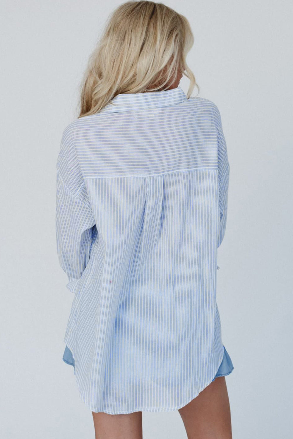 Ruffled Button Up Long Sleeve Shirt | Sky Blue Stripe