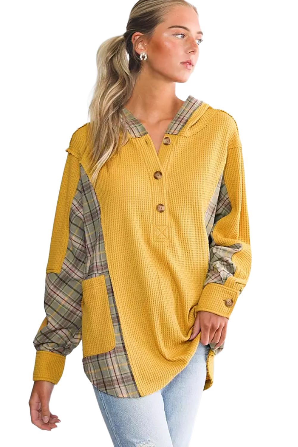 Waffle Knit Plaid Patchwork Pocketed Henley Hoodie | Yellow