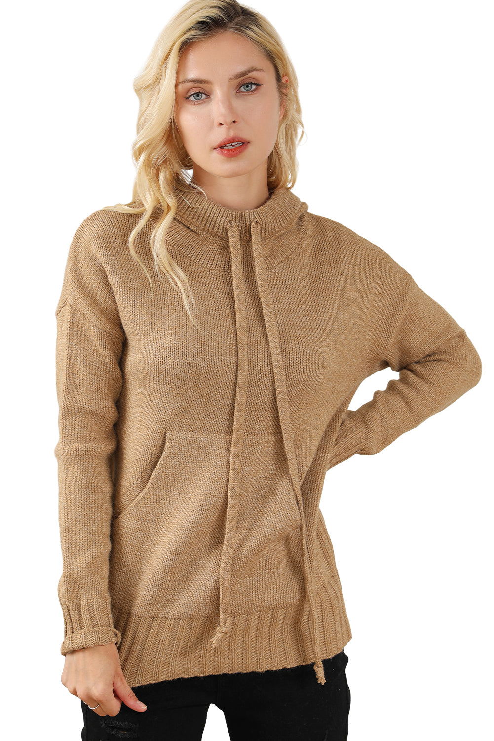 Cowl Neck Drawstring Pullover Hooded Sweater | Brown