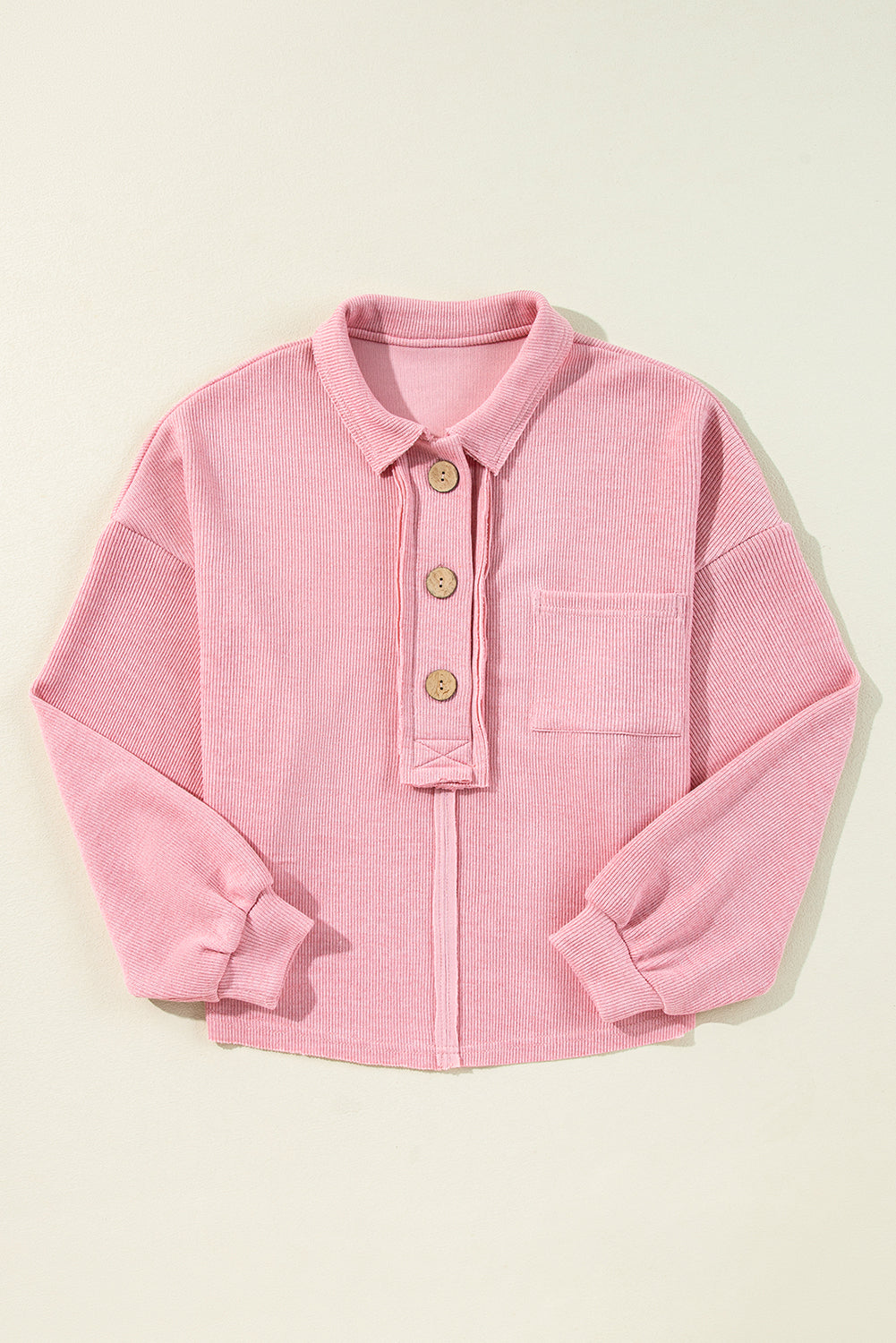 Ribbed Knit Collared Henley Top With Chest Pocket | Pink