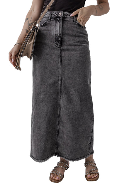 Denim Raw Hem Back Split High Waist Long Skirt | Dark Grey