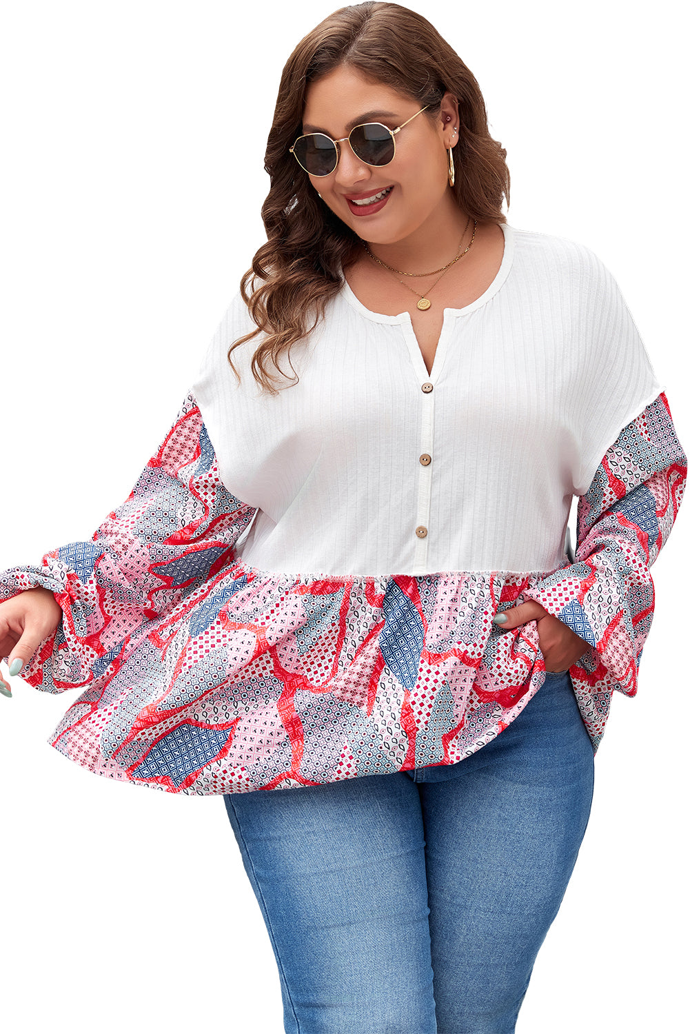 Plus Size Printed Patchwork Textured Buttoned Blouse | Apricot