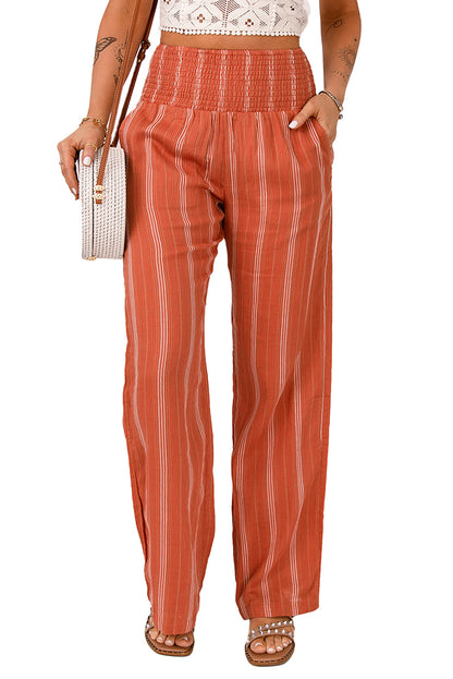 Striped Shirred High Waist Straight Leg Pants | Orange