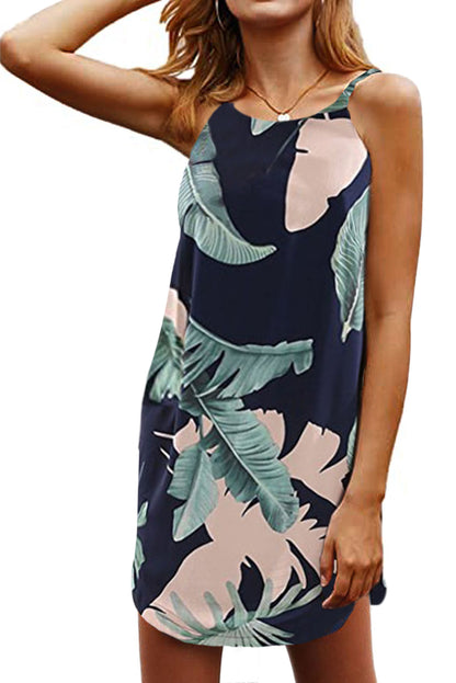 Palm Tree Leaf Print Navy Sleeveless Dress | as shown