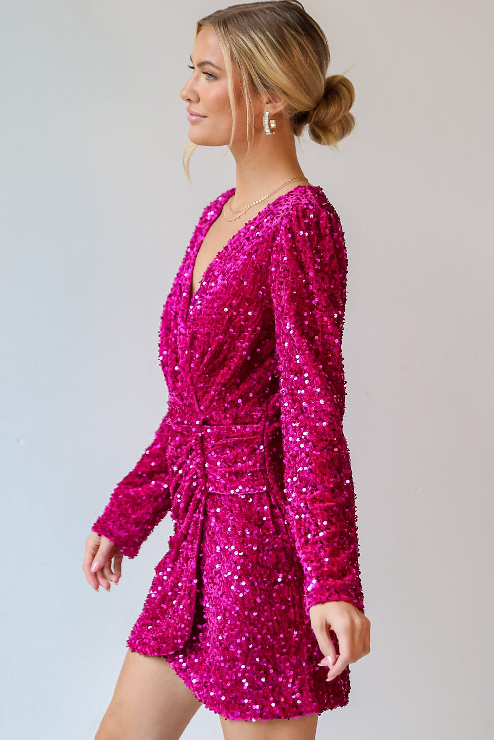 Velvet Sequin Long Sleeve V Neck Wrapped Mini Dress | Pitaya Pink