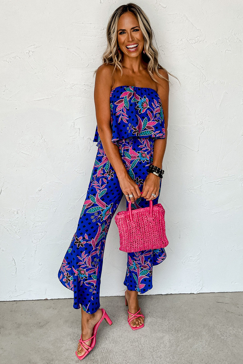 Mix Tropical Print Strapless Ruffled Jumpsuit | Blue