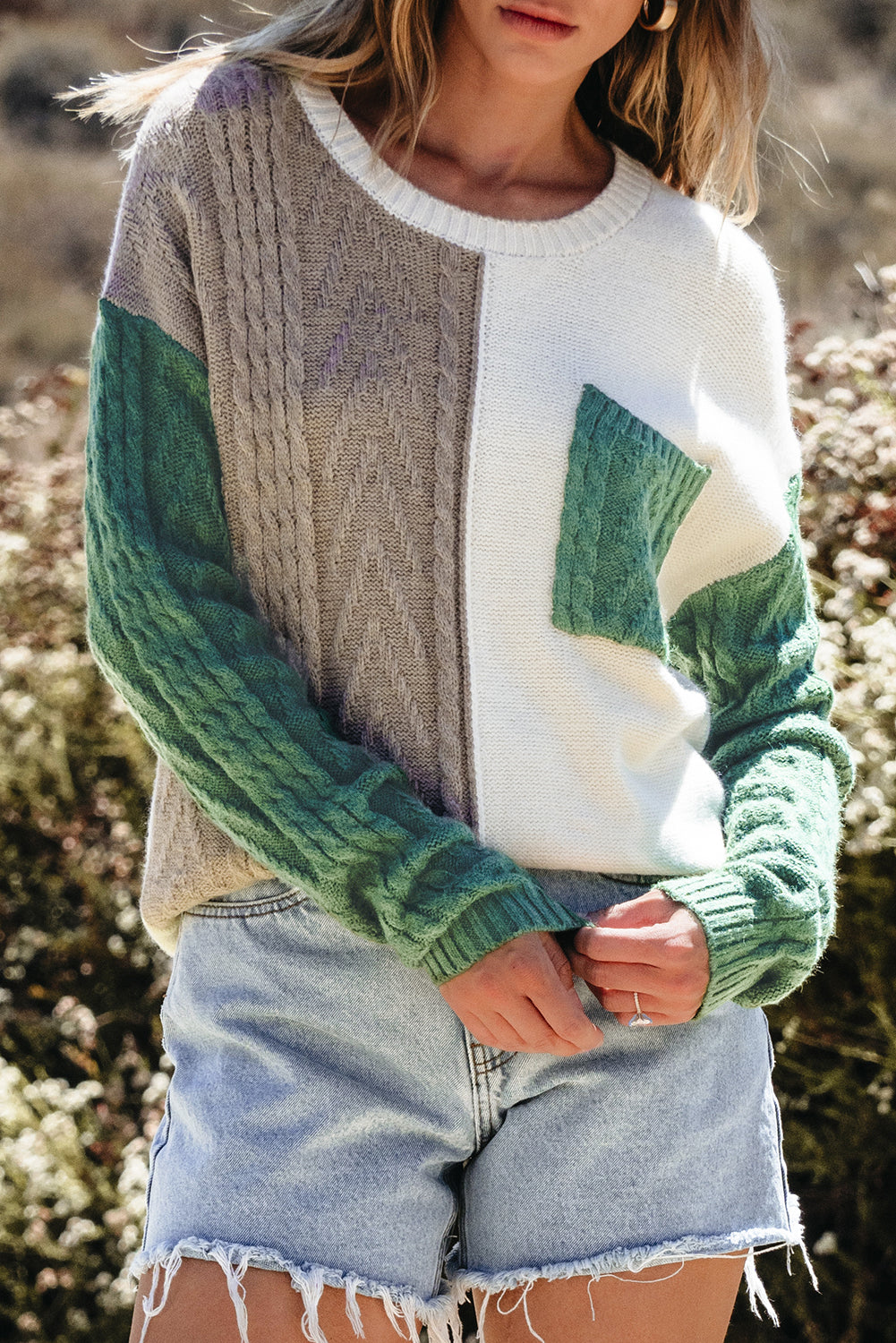 Colourblock Patched Pocket Drop Shoulder Sweater | Vineyard Green