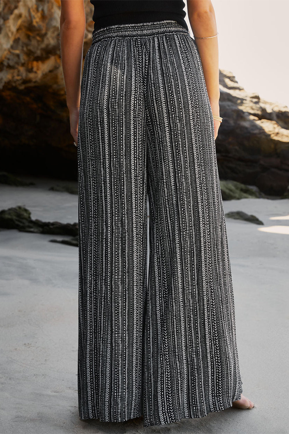 Striped Printed Slit Wide Leg High Waist Pants | Black Printed