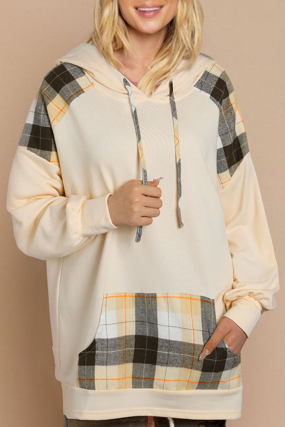 Khaki Plaid Patchwork Kangaroo Pocket Oversized Hoodie