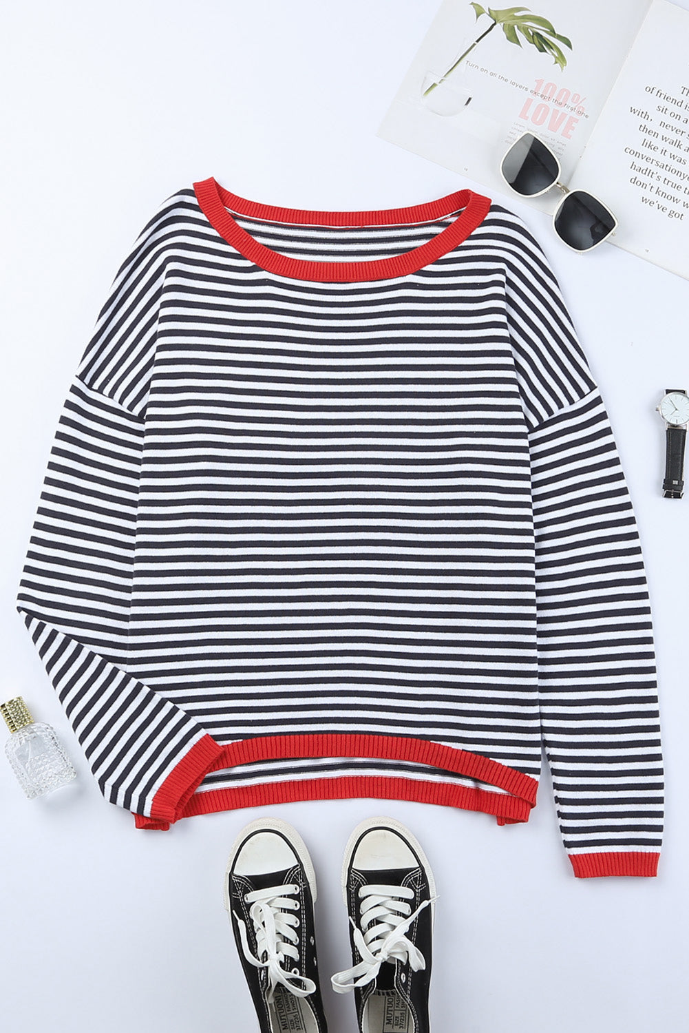 Contrast Trimmed d Drop Shoulder Sweater | Stripe