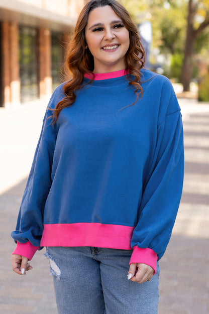 Colour Block Edge Balloon Sleeve Plus Size Sweatshirt | Sky Blue