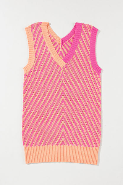 Contrast Chevron Knit V Neck Sweater Vest | Strawberry Pink