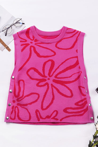 Button Sides Sleeveless Floral Knitted Top | Bright Pink