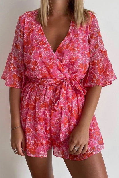 Pink V Neck Ruffled Sleeve Floral Romper