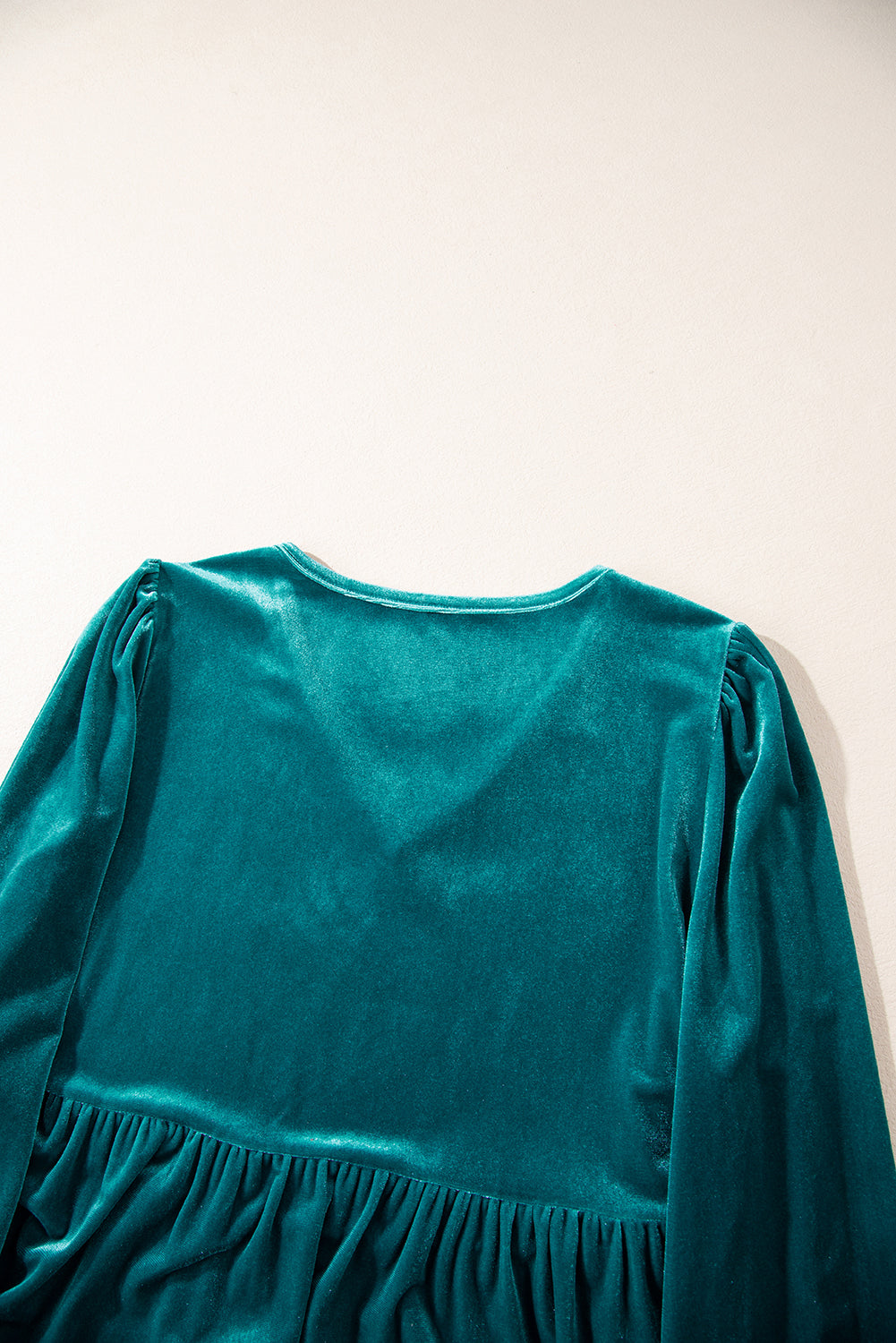 Velvet V Neck Peplum Hem Puff Sleeve Blouse | Sea Green