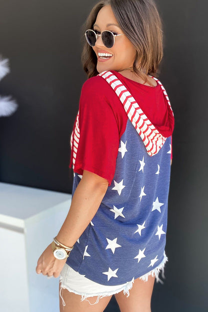 Stars And Stripes Print Drawstring Hooded T Shirt | Fiery Red