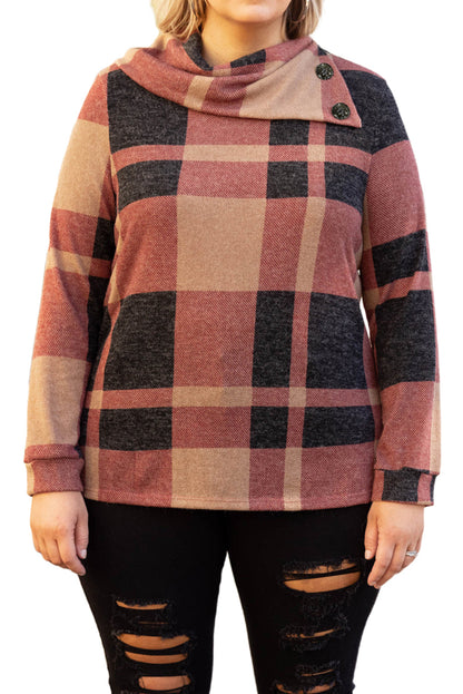 Plus Size Plaid Print Button Decor Asymmetric Neck Top | Mineral Red